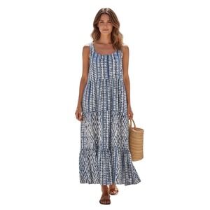 BECASA Blue White Tiered Maxi Dress L/XL, coastal, minimalist, bohemian, artisan